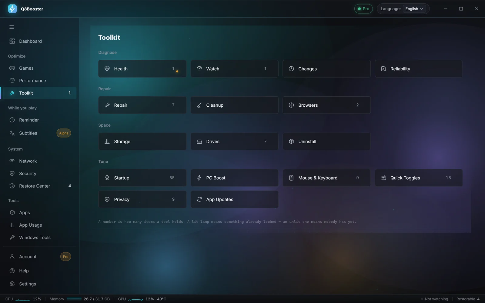 The Windows Toolkit with its eighteen sections, from Health and Repair to Quick Toggles